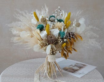 Boho Dried Flower Wedding Bouquet | White Yellow Bridal Bouquet with Pampas Grass