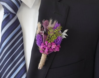 Purple Dried Flower Boutonniere, Boho Wedding Accessories, Groom Wedding Lapel Pin, Rustic wedding boutonniere, Wedding suit pin