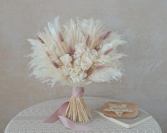 Dusty Rose & Ivory Preserved Rose Dried Flower Bridal Bouquet – Boho Wedding Pampas Grass Bouquet Wedding Bridesmaid Bouquet
