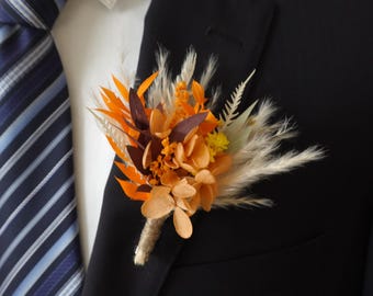 Dried Flower Wedding Boutonniere | Fall Orange Boutonniere with Pampas Grass