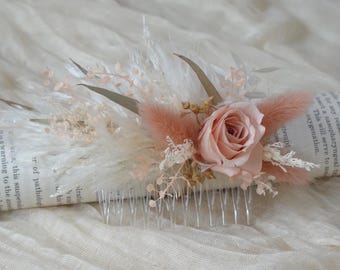 Bruidshaarkam met geconserveerde roos in blushkleur, boho bruidshaarstuk met gedroogde bloemen, haaraccessoire met pampasgras voor bruidsmeisjes