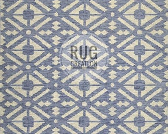 Alfombra Kilim de lana azul tejida a mano / Diseño geométrico escandinavo de tejido plano, 2,4 x 3 metros.
