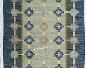 Op de afbeelding: Een rechthoekig vloerkleed met een licht saliegroen midden, een raster van gele lijnen en afwisselende donkerblauwe en lichtbruine geometrische kruismotieven. Het kleed heeft een donkerblauwe rand en witte franjes aan de uiteinden.