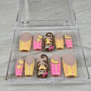 Monkey hipper nail set, 3D sculpted monkey and banana charms/Handmade