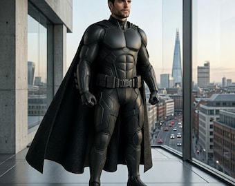May include: A person with dark hair and a beard wearing a full-body black tactical suit with molded armor plating on the chest, arms, and legs, a utility belt with a central buckle, and a long black cape that drapes down to the floor.