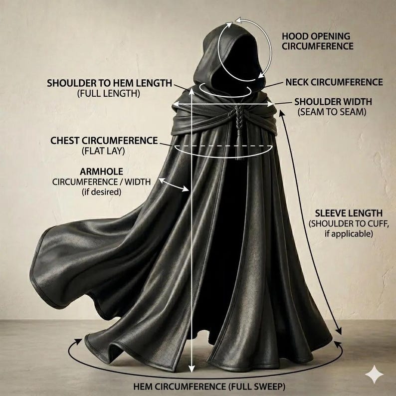 May include: A black hooded cloak with a braided closure at the neck. The image includes text labels indicating measurement points: hood opening circumference, neck circumference, shoulder width, chest circumference, armhole width, and hem sweep.