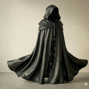 Black leather cloak, gothic cape, fantasy costume, medieval cloak, LARP gear, viking clothing, custom leather cape, dark aesthetic, witch cloak, renaissance fair, warrior cloak, handmade leather, luxury costume, cosplay mantle, hooded cloak, leather garment, witchy attire, dark fantasy armor, mage cape, rogue costume, medieval leather, elegant cape, custom fit cloak, premium leather wear, dark fashion, theater costume, unique leather cape, black cape with hood, assassin cloak, ritual wear.