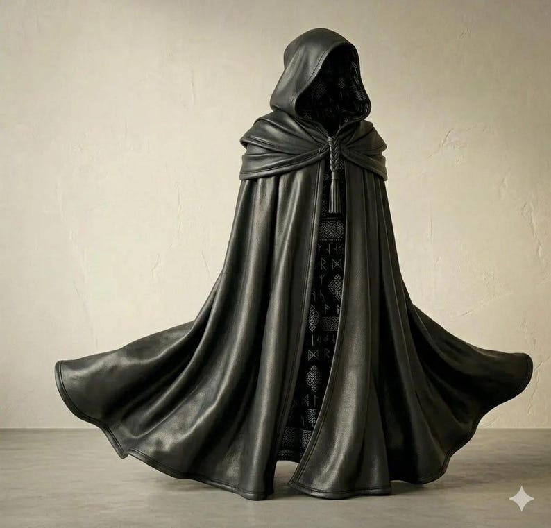 Black leather cloak, gothic cape, fantasy costume, medieval cloak, LARP gear, viking clothing, custom leather cape, dark aesthetic, witch cloak, renaissance fair, warrior cloak, handmade leather, luxury costume, cosplay mantle, hooded cloak, leather garment, witchy attire, dark fantasy armor, mage cape, rogue costume, medieval leather, elegant cape, custom fit cloak, premium leather wear, dark fashion, theater costume, unique leather cape, black cape with hood, assassin cloak, ritual wear.