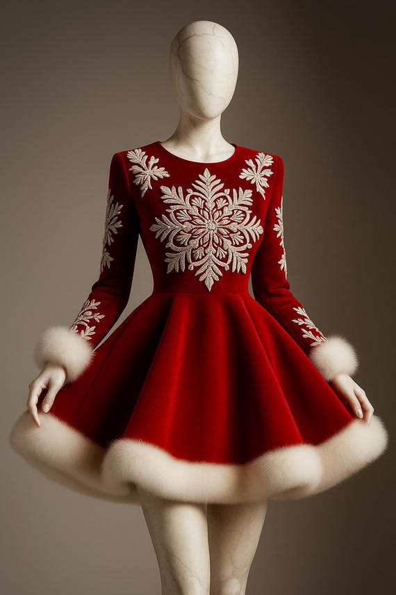red dress with fur trim Festive Red Mrs.Claus Velvet Mini Dress