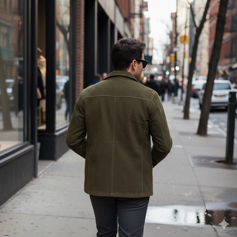 olive green suede jacket mens, men's matte suede coat, tailored suede jacket, slim fit olive jacket, urban suede outerwear, street style jacket men, casual button up suede, luxury men's coat, men's fall jackets, designer suede jacket, high quality men's jacket, men's flap pocket coat, slim fit men's clothing, unique men's jacket, stylish men's clothing