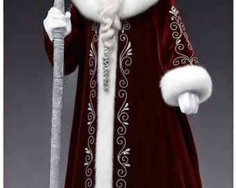May include: A detailed image of Santa Claus in a burgundy velvet coat with white fur trim and silver embroidery. He wears a matching hat and holds a silver staff with a decorative top. The image has a festive theme.