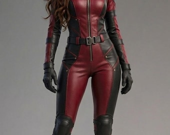 May include: A full-body jumpsuit made of maroon and black leather-like material featuring a front zipper, a waist belt with a buckle, black gloves, knee pads, and black lace-up boots. The garment has long sleeves and a high collar design.