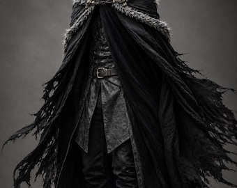 May include: A black hooded cloak with a faux fur trim and a metal chain clasp, worn over a dark textured tunic with a belt and matching trousers. The cloak features a distressed, frayed hemline, and the outfit is completed with black leather boots.