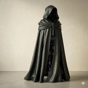 Black leather cloak, gothic cape, fantasy costume, medieval cloak, LARP gear, viking clothing, custom leather cape, dark aesthetic, witch cloak, renaissance fair, warrior cloak, handmade leather, luxury costume, cosplay mantle, hooded cloak, leather garment, witchy attire, dark fantasy armor, mage cape, rogue costume, medieval leather, elegant cape, custom fit cloak, premium leather wear, dark fashion, theater costume, unique leather cape, black cape with hood, assassin cloak, ritual wear.