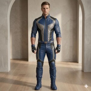 May include: A full-body suit featuring a blue, grey, and black jacket with a front zipper and matching blue, grey, and black pants. The outfit includes fingerless black gloves and blue boots, designed with a structured, paneled appearance.