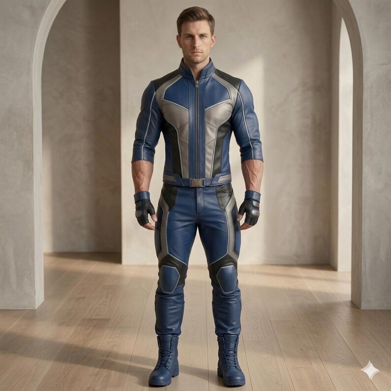 May include: A full-body suit featuring a blue, grey, and black jacket with a front zipper and matching blue, grey, and black pants. The outfit includes fingerless black gloves and blue boots, designed with a structured, paneled appearance.