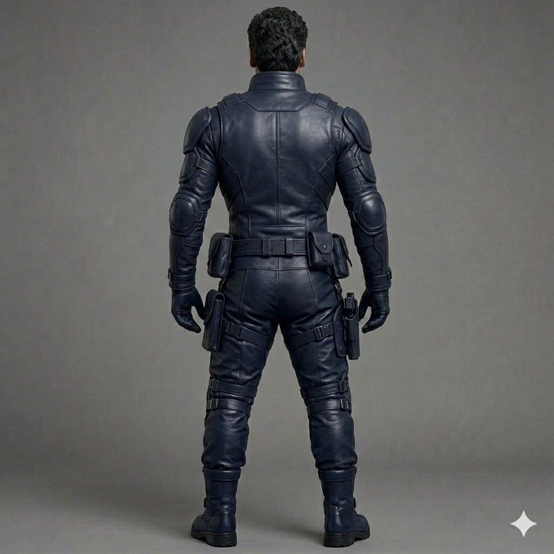 tactical leather suit, mens leather armor, cyberpunk bodysuit, sci fi cosplay costume, motorcycle leather set, futuristic combat gear, dystopian warrior outfit, leather biker uniform, urban ninja clothing, commission custom cosplay, halloween costume men, movie replica outfit, dark navy leather set, high quality leather, heavy duty gear, comic con armor, leather cargo pants, combat chest rig, handmade leather armor, premium tactical gear, custom sizing apparel