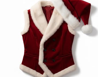 Könnte beinhalten: Ein festliches Weihnachtsmann-Kostüm-Set mit einer roten Samtweste mit cremefarbenem Kunstfellbesatz und einem passenden Weihnachtsmannhut. Die Weste hat ein doppelreihiges Design mit schwarzen Knöpfen. Der Hut hat einen weißen Kunstfellbesatz und eine weiße Bommel.