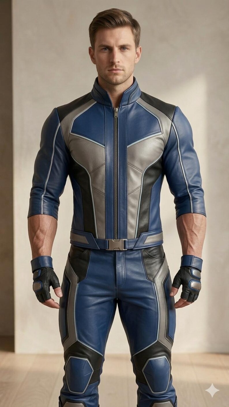 mens leather suit, cosplay leather jacket, superhero leather pants, custom biker outfit, premium leather set, blue tactical jacket, futuristic body armor, muscular fit leather, premium costume suit, mens tactical pants, handmade leather gear, sci fi movie outfit, premium cosplay gear, bespoke leather suit, tight fit leather pants, performance leather wear, luxury cosplay costume, avenger style jacket