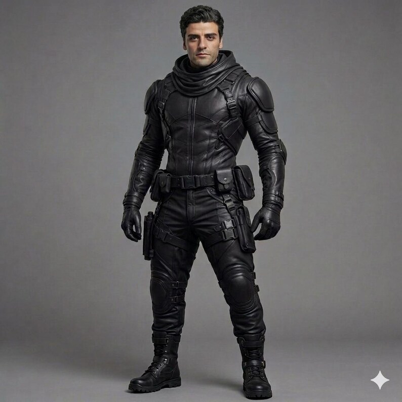 tactical leather suit, mens leather armor, cyberpunk bodysuit, sci fi cosplay costume, motorcycle leather set, futuristic combat gear, dystopian warrior outfit, leather biker uniform, urban ninja clothing, commission custom cosplay, halloween costume men, movie replica outfit, dark navy leather set, high quality leather, heavy duty gear, comic con armor, leather cargo pants, combat chest rig, handmade leather armor, premium tactical gear, custom sizing apparel