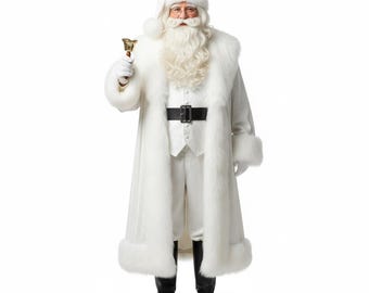 Elegant White Velvet Santa Suit Full Set Luxury Christmas Costume, Fur Trim Coat, Cap, Vest, Pants, Gloves,Realistic Adult Saint Nick Outfit