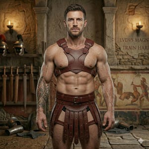 Könnte beinhalten: Eine muskulöse Person trägt ein braunes Leder-Gladiator-Brust- und Taillengeschirr mit passendem Rock. Die Person steht in einem Steinraum mit Schwertern und Helmen im Hintergrund. Das Bild hat ein historisches oder Fantasy-Thema.