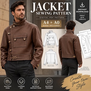 May include: A brown jacket sewing pattern featuring a digital PDF format with A4 and A0 sizes included. The design shows a jacket with a high collar, side button closure, a chest pocket, and a waist belt. Includes front and back view illustrations.