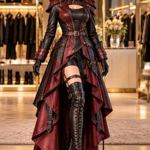 May include: A long, high-low coat in black and deep red leather featuring a structured collar, a buckled waist belt, and metallic hardware accents. The garment is worn over a black leather bodice and matching thigh-high lace-up leather boots.