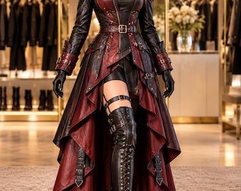 May include: A long, high-low coat in black and deep red leather featuring a structured collar, a buckled waist belt, and metallic hardware accents. The garment is worn over a black leather bodice and matching thigh-high lace-up leather boots.