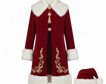 May include: A red velvet coat with white faux fur trim and gold embroidered detailing. The coat features a white faux fur collar and gold buttons. A matching red velvet Santa hat with white trim and a white pom-pom is also included.