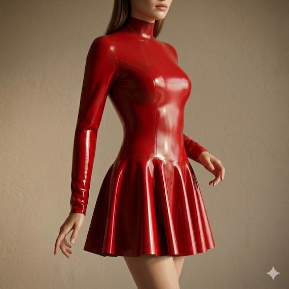 Luxury Rexine Long Sleeve Dress - High Neck Pleated Skater Mini