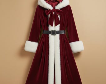 May include: A burgundy velvet coat with a white faux fur-lined hood and cuffs. The coat features a white front panel, a black belt, and a bow at the neckline. The long-sleeved coat is hanging on a wooden hanger.