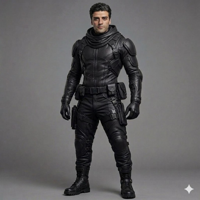 tactical leather suit, mens leather armor, cyberpunk bodysuit, sci fi cosplay costume, motorcycle leather set, futuristic combat gear, dystopian warrior outfit, leather biker uniform, urban ninja clothing, commission custom cosplay, halloween costume men, movie replica outfit, dark navy leather set, high quality leather, heavy duty gear, comic con armor, leather cargo pants, combat chest rig, handmade leather armor, premium tactical gear, custom sizing apparel