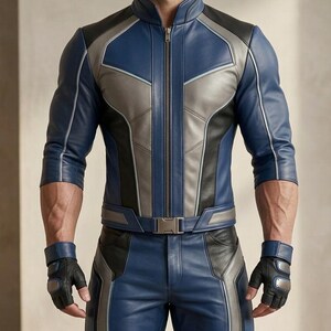 mens leather suit, cosplay leather jacket, superhero leather pants, custom biker outfit, premium leather set, blue tactical jacket, futuristic body armor, muscular fit leather, premium costume suit, mens tactical pants, handmade leather gear, sci fi movie outfit, premium cosplay gear, bespoke leather suit, tight fit leather pants, performance leather wear, luxury cosplay costume, avenger style jacket