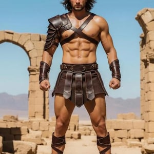 Peut inclure: Un costume de gladiateur en cuir marron, comprenant une épaulière, des brassards et une jupe. Le costume est porté avec une ceinture et des protège-jambes. L'arrière-plan montre des ruines antiques sous un ciel bleu clair.
