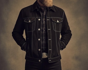 Rugged Black Suede Jacket | Workwear Style Men's Trucker Coat