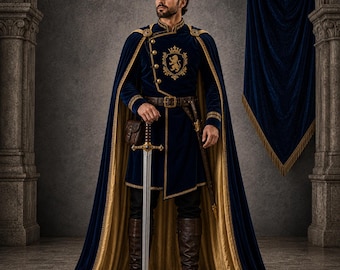 May include: A royal ensemble featuring a deep blue velvet tunic with gold lion embroidery, a matching floor-length cape with gold lining, a brown leather belt, dark trousers, brown leather boots, and a gold crown, holding a long steel sword.