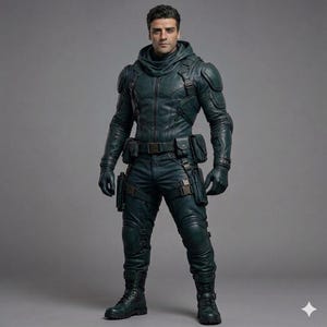 May include: A highly detailed collectible action figure of a character with dark hair, wearing a dark green tactical suit with a hood, shoulder pads, gloves, a utility belt with pouches, leg straps, and matching dark green combat boots.