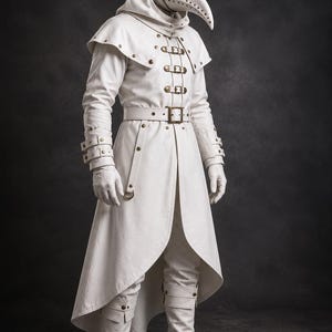 May include: A white plague doctor costume featuring a long coat with brass-colored buckles, a matching wide-brimmed hat, and a bird-like mask with dark circular eye lenses. The ensemble includes white gloves and tall boots with buckled straps.