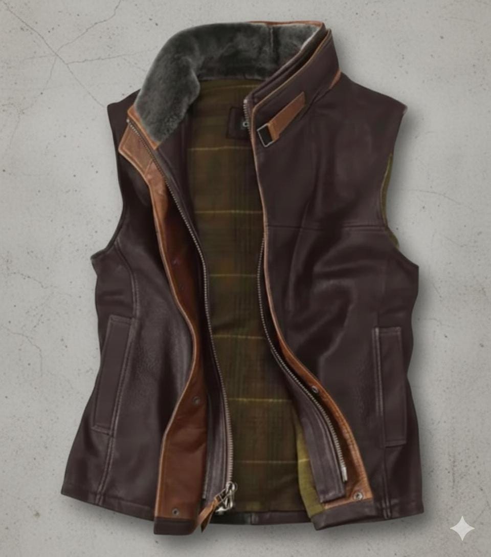 Mens Brown Leather Vest Sheepskin Shearling Fur Collar Motorcycle