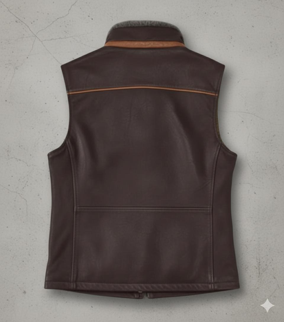 Mens Brown Leather Vest Sheepskin Shearling Fur Collar Motorcycle