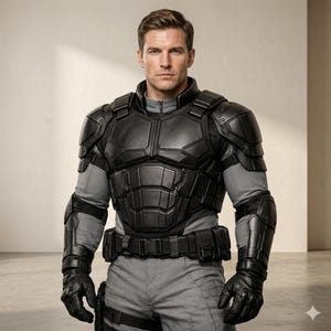 Op de afbeelding: Een tactisch pak met een zwarte, gesegmenteerde borstplaat, schouder- en onderarmbescherming gedragen over een grijs shirt met lange mouwen. Het geheel bevat een zwarte utility-riem met zakjes en bijpassende zwarte handschoenen voor een gestructureerde, beschermende uitstraling.