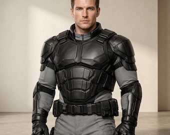 May include: A person wearing a black tactical chest plate and shoulder armor over a gray long-sleeved shirt. The gear includes black forearm guards, black gloves, and a utility belt with pouches. The ensemble features a structured, segmented design.