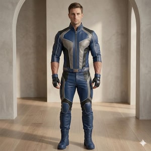 mens leather suit, cosplay leather jacket, superhero leather pants, custom biker outfit, premium leather set, blue tactical jacket, futuristic body armor, muscular fit leather, premium costume suit, mens tactical pants, handmade leather gear, sci fi movie outfit, premium cosplay gear, bespoke leather suit, tight fit leather pants, performance leather wear, luxury cosplay costume, avenger style jacket