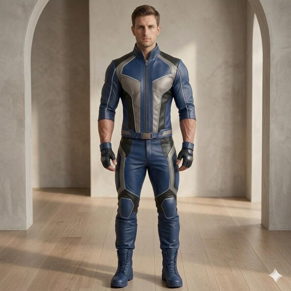 Premium Mens Blue Leather Superhero Cosplay Suit - Custom Fit Muscular Tactical Leather Jacket and Pants Set for Comic Con, Movie Costume