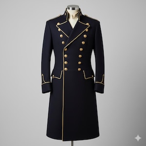 May include: A navy blue military-style coat with gold trim and buttons. The double-breasted coat features a high collar and gold detailing along the edges, pockets, and cuffs. The coat is displayed on a mannequin.
