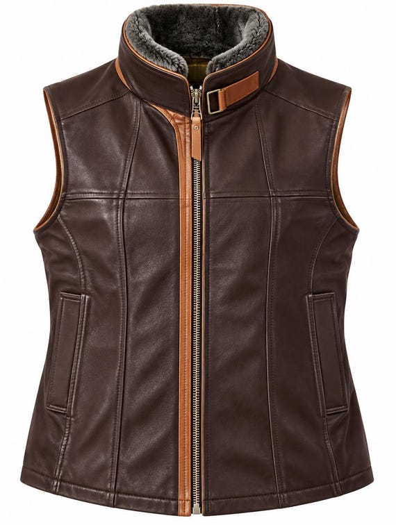 Mens Brown Leather Vest Sheepskin Shearling Fur Collar Motorcycle