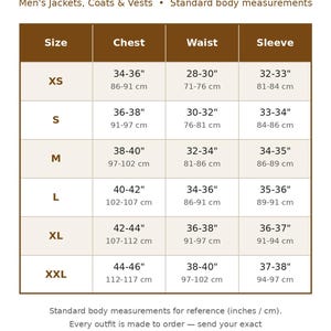 May include: A size chart for jackets, coats, and vests with columns for size, chest, waist, and sleeve measurements in inches and centimeters. It lists sizes from XS to XXL with corresponding body measurements and the text TheMovieJackets.
