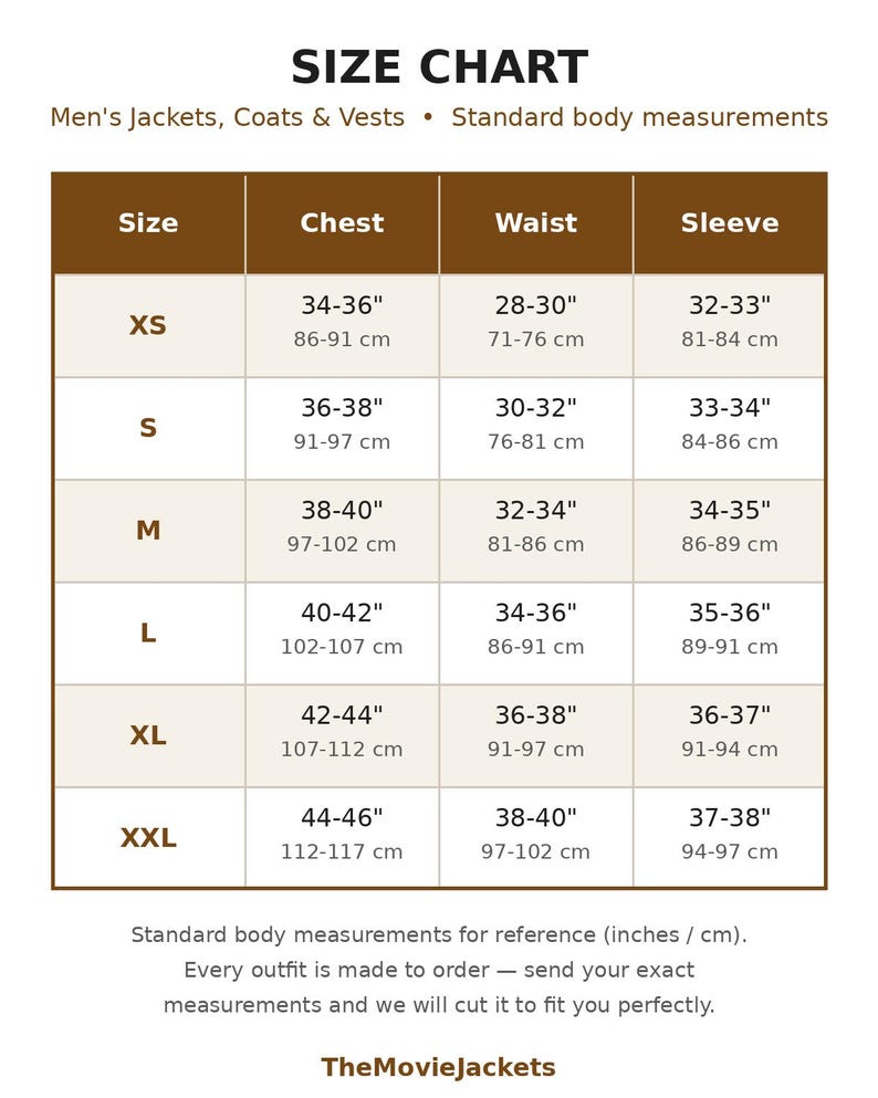 May include: A size chart for jackets, coats, and vests with columns for size, chest, waist, and sleeve measurements in inches and centimeters. It lists sizes from XS to XXL with corresponding body measurements and the text TheMovieJackets.