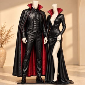 Puede incluir: Dos maniquíes con conjuntos de piel sintética negra. El maniquí izquierdo lleva chaleco, pantalones y una capa larga con forro interior rojo y cuello alto. El maniquí derecho lleva un vestido de manga larga con escote profundo y abertura lateral.